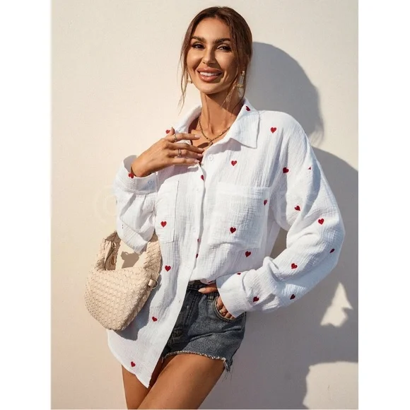 Cotton White Casual Shirt Embroidered Red Hearts Button Down Up Long Sleeve - Picture 5 of 16